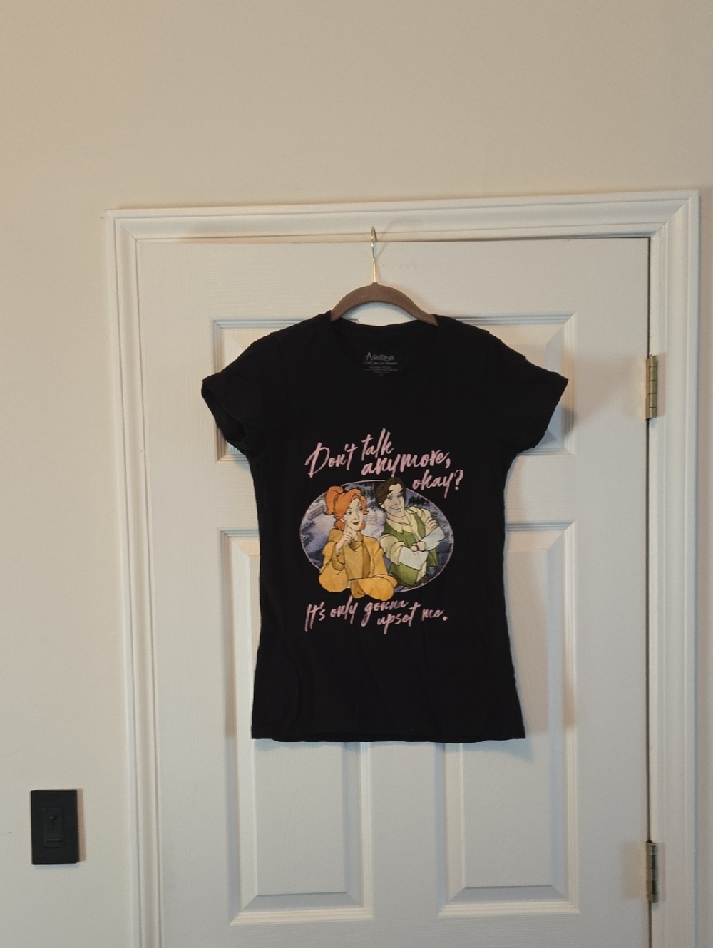 Anastasia Black Tee with Pink Script and Colorful Graphic